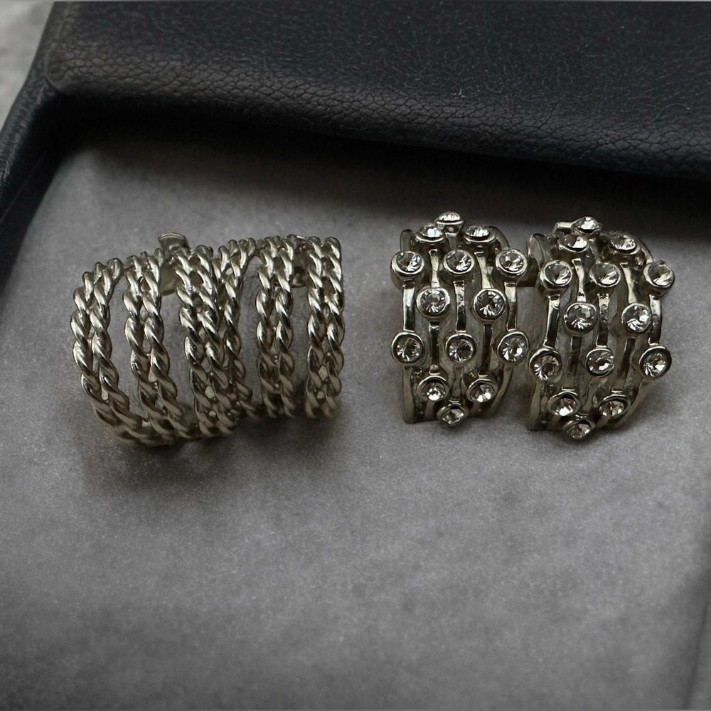 Two Pairs of Silver Tone Clip Earrings Rope and Rhinestone Accents 3/4” Hoops